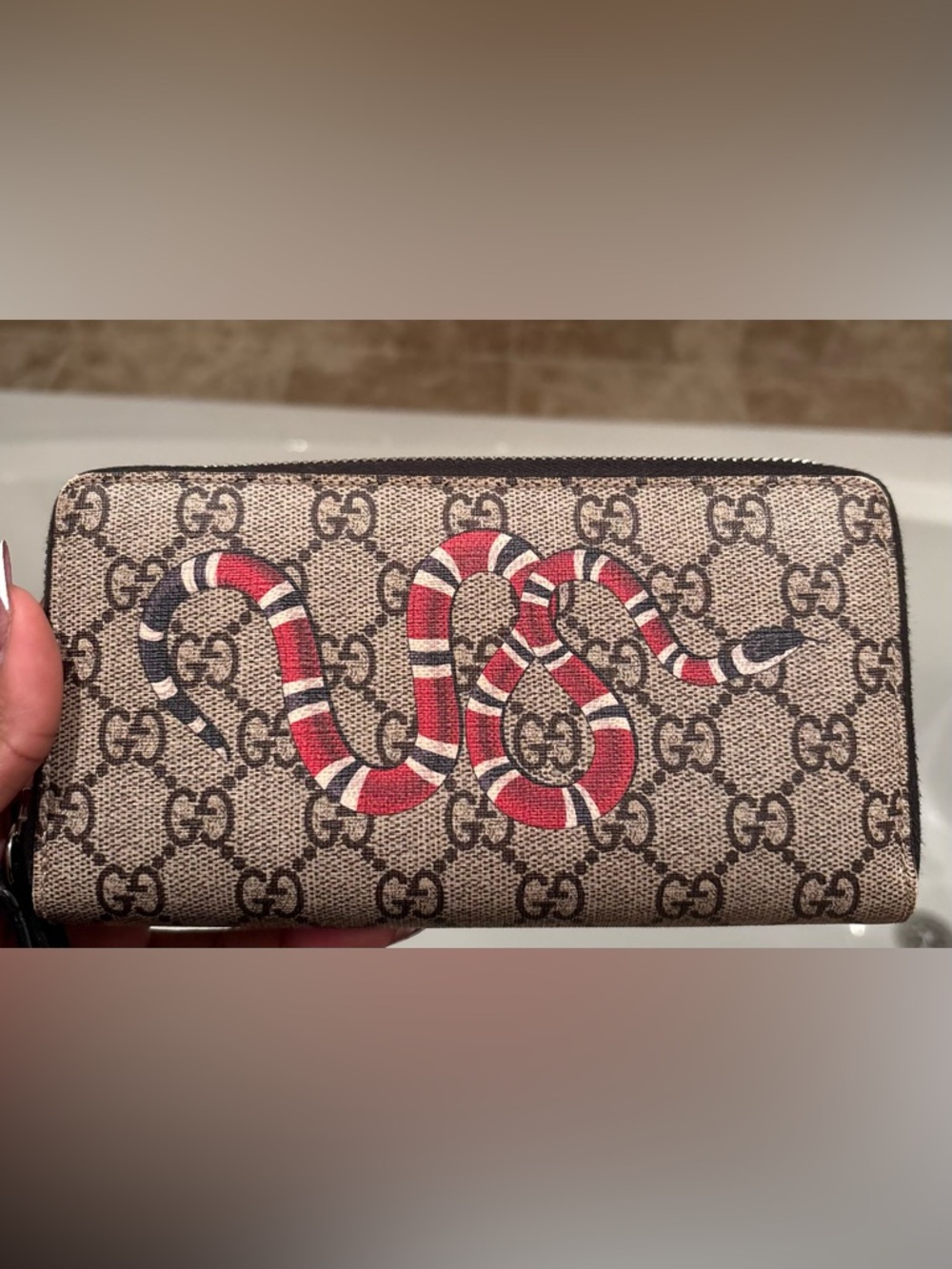 Gucci Beige GG Canvas Wallet with Red, White, and Black Snake Motif